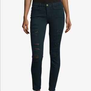 FRAME Dark Green Le Skinny de Jeanne Distressed Jeans